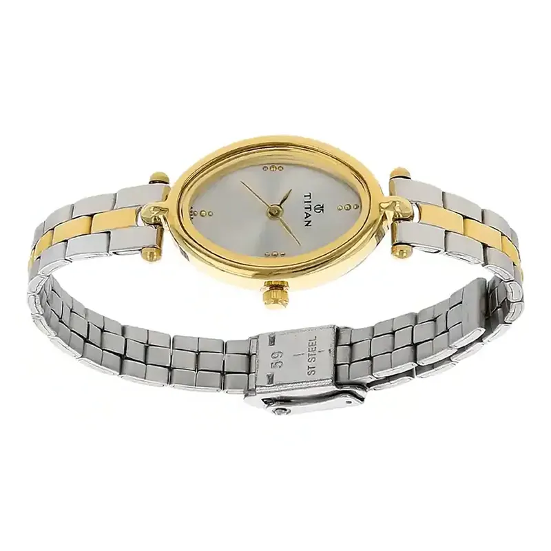 Titan Silver Dial Two-tone Oval Shape Ladies Watch- 2418BM01